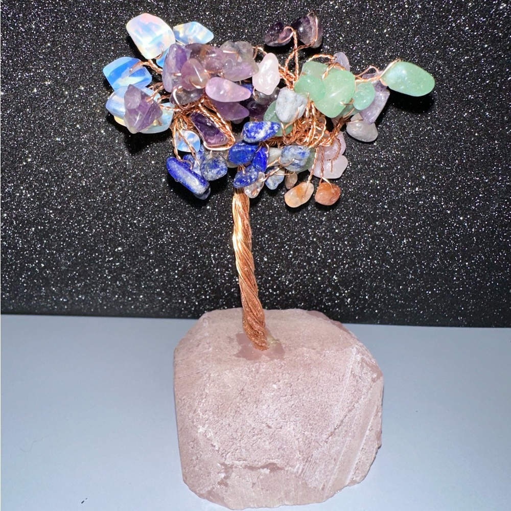 Pastel rainbow fluorite and rose quartz crystal tree decor